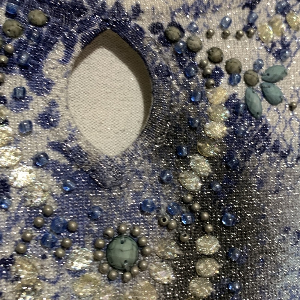 Alfred Dunner Top Blouse M Stretchy Beaded Metallic Pull Over Blue Gray Rayon - Picture 7 of 16
